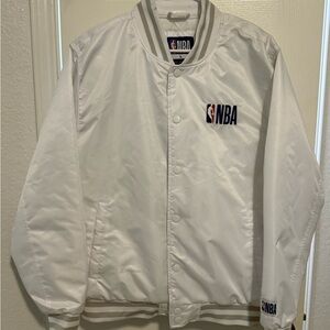 NBA White Satin Bomber Jacket with Gray Trim